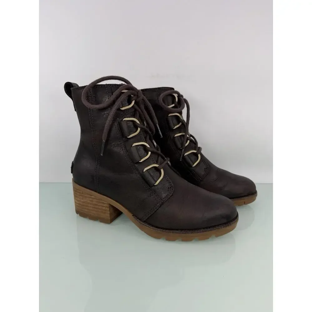 Sorel Cate Lace Bootie Dark Brown Leather Ankle Boots Block Heel Sz 6 Heritage - Picture 9 of 9